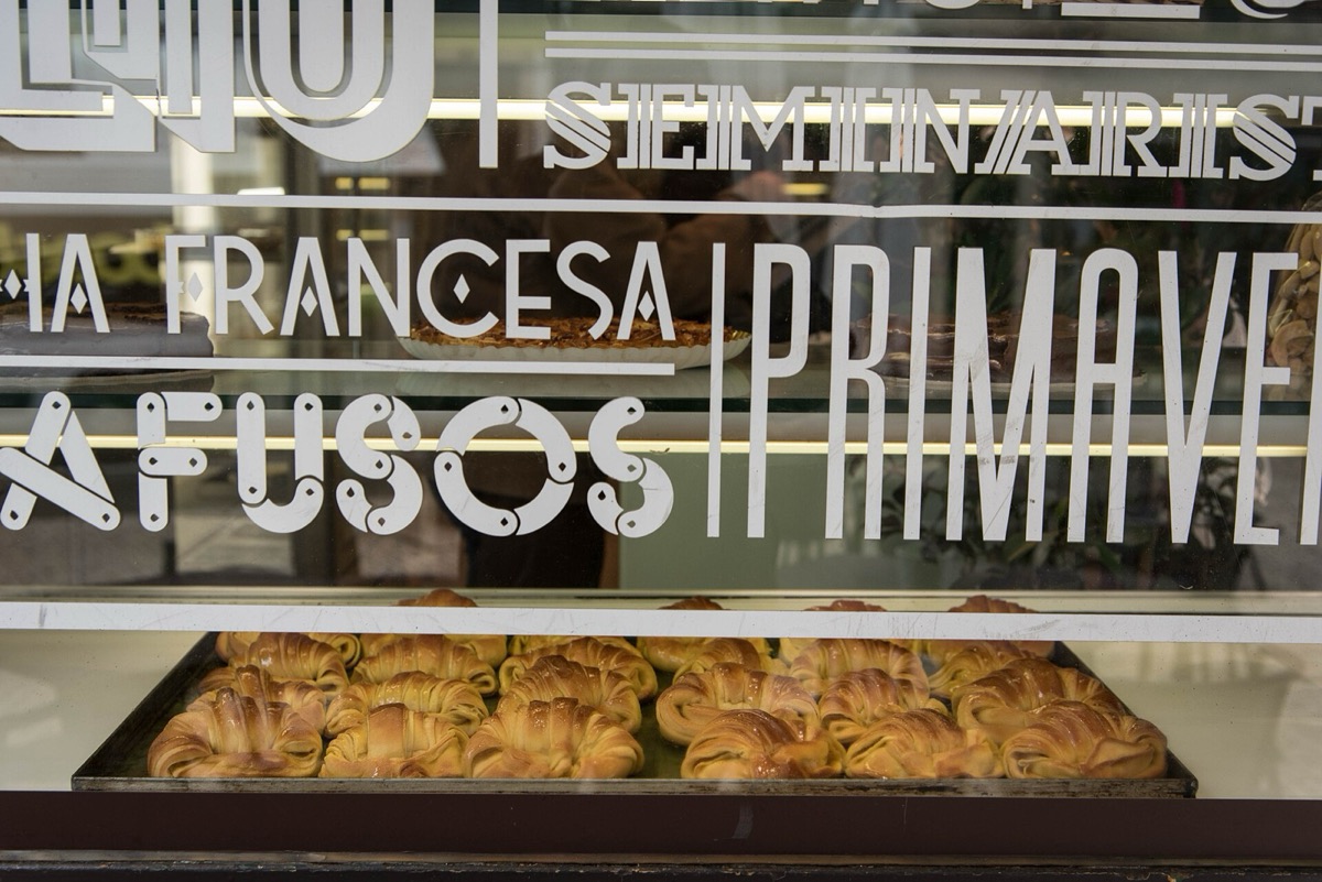 Pastries in a bakery window