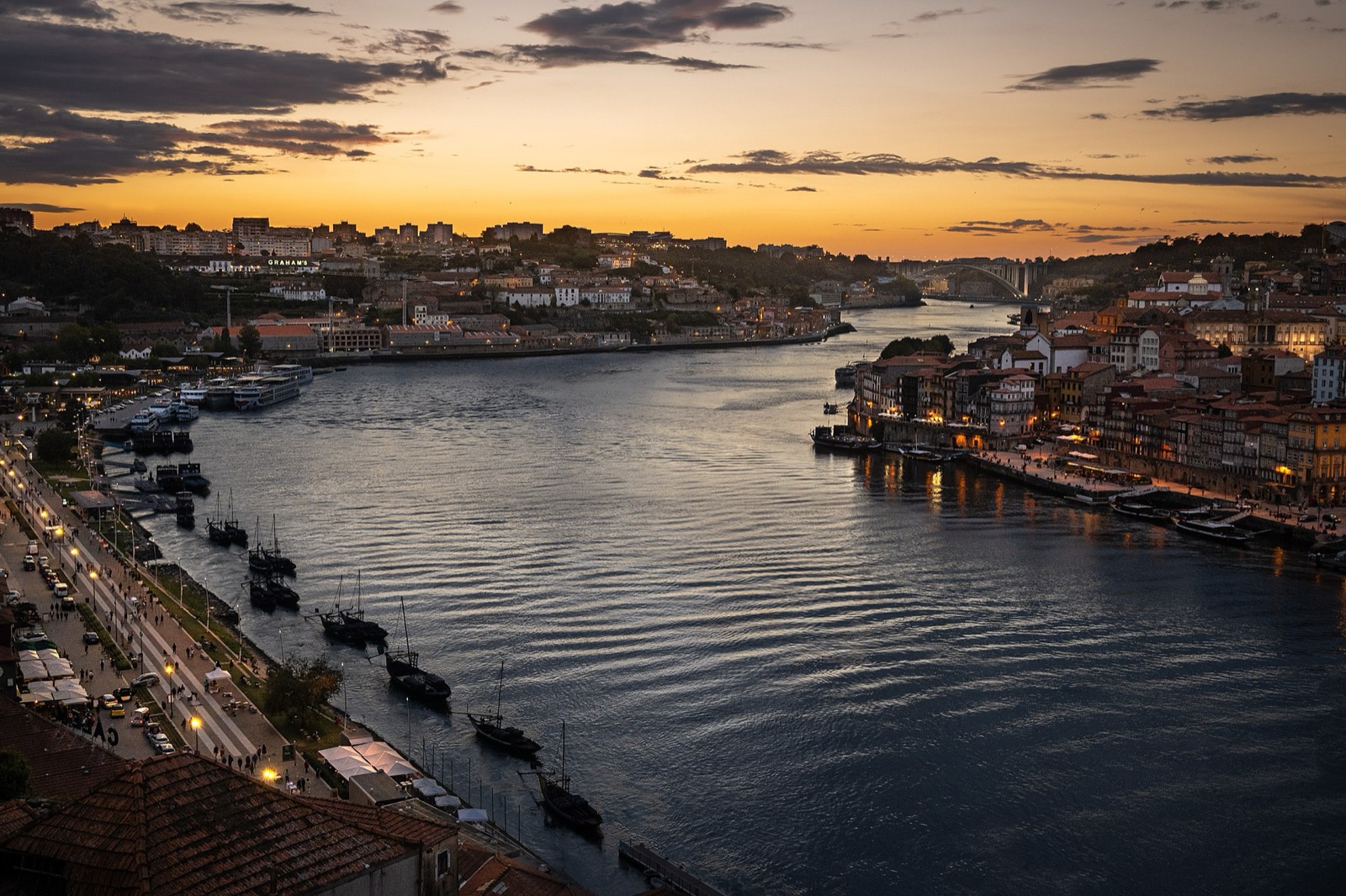 The Douro and the Ribeira at dusk, seen from above, lights coming on along the water